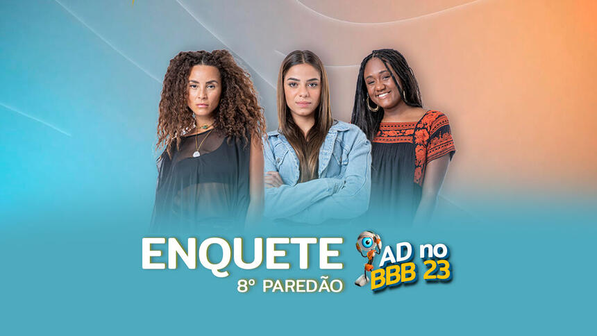 Arte gráfica da enquete do 8º Paredão do BBB 23 com Domitila, Key Alves e Sarah Aline