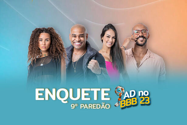 Domitila, Cezar, Larissa e Ricardo na arte de divulgação da enquete do 9º Paredão do BBB 23