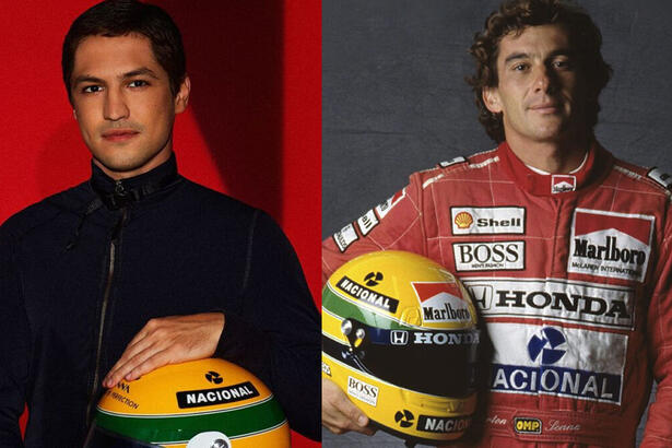 Gabriel Leone e Ayrton Senna em uma montagem, com ambos segurando o capacete de Fórmula 1 em mãos