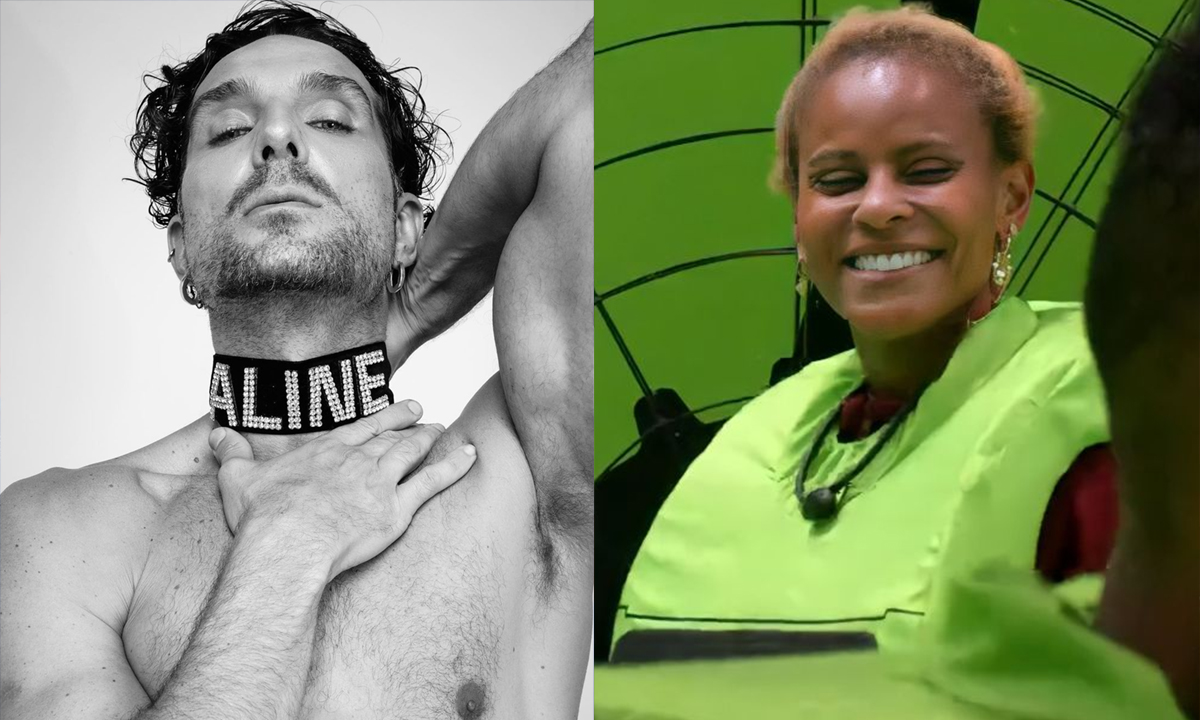 Foto em preto e branco de Igor Rickli segurando no pescoço, mostrando sua colera com o nome de Aline Wirley. Imagem 2: Aline sorrindo durante prova do Líder do BBB 23