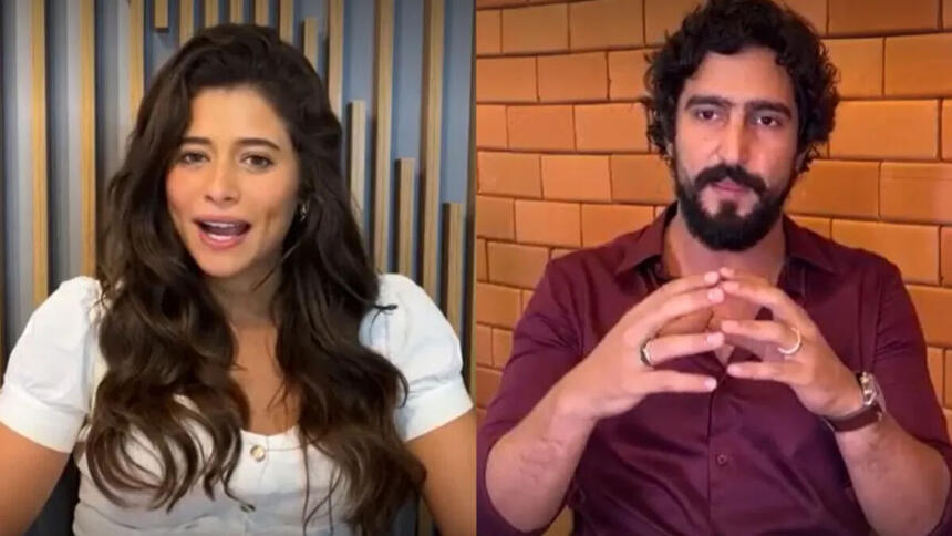 Isadora Cruz e Renato Góes em trecho de suas participações no Conversa com Bial, em gravação por videoconferência