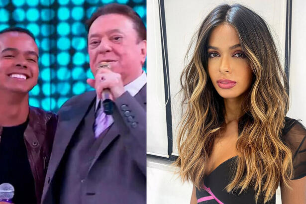 Jotta A abraçado com Raul Gil, em montagem com imagem de Ella, após a transição de Gênero