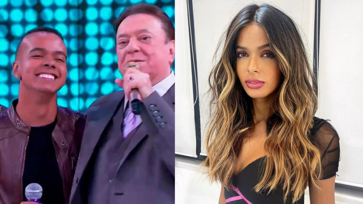 Jotta A abraçado com Raul Gil, em montagem com imagem de Ella, após a transição de Gênero