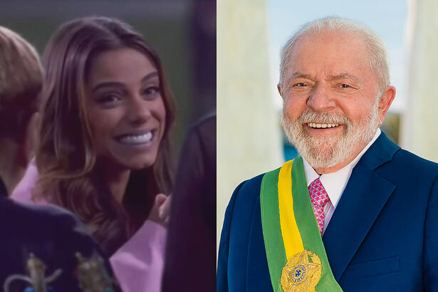 Imagem 1: Key Alves sorrindo de blazer rosa no jardim do La Casa de Los Famosos; Imagem 2: Lula sorrindo, com a faixa presidencial durante ensaio fotográfico