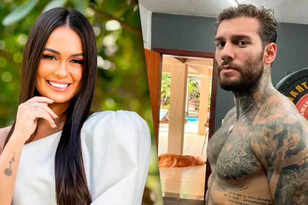 Imagem 1: Larissa de vestido branco, sorrindo, com a mão no queixo; Imaem 2: Lkucas Lucco sem camisa na academia