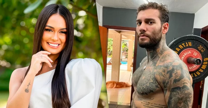 Imagem 1: Larissa de vestido branco, sorrindo, com a mão no queixo; Imaem 2: Lkucas Lucco sem camisa na academia