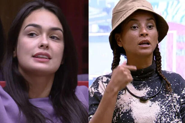 Montagem com trechos da discussão entre Larissa e Domitila Barros na sala do BBB 23