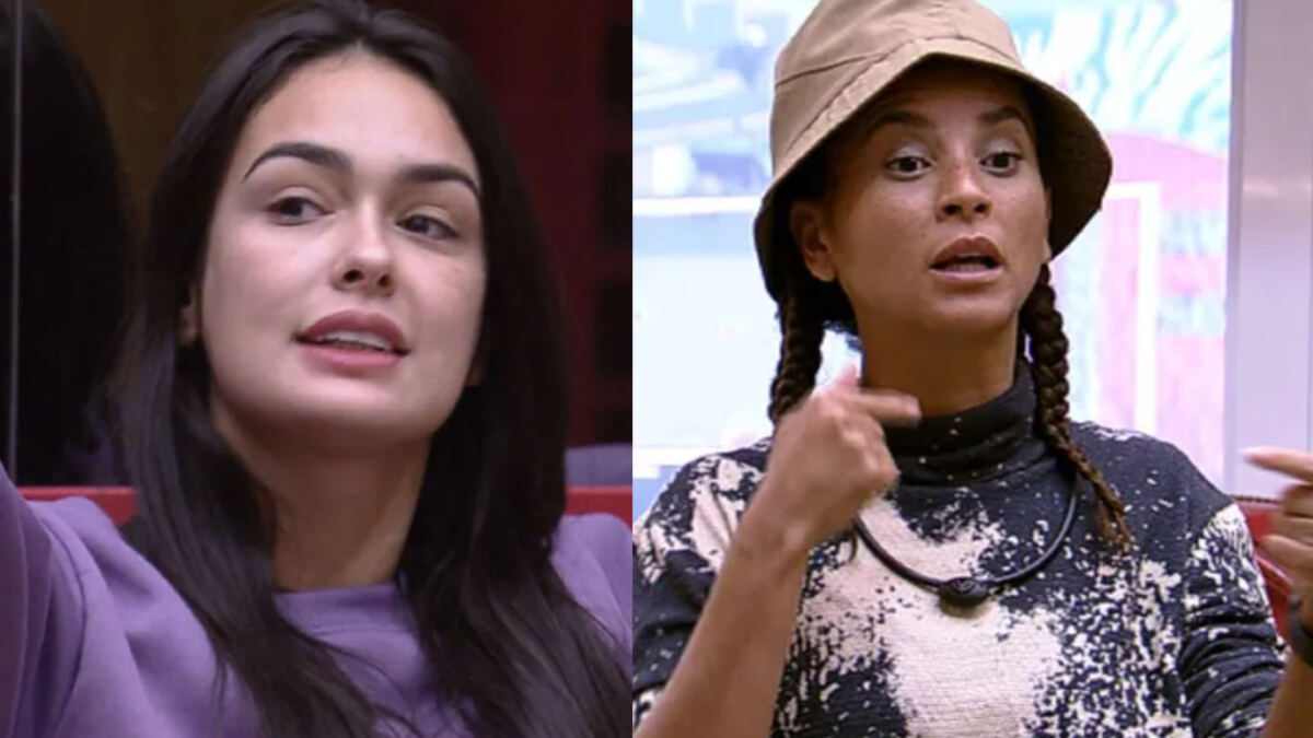 Montagem com trechos da discussão entre Larissa e Domitila Barros na sala do BBB 23