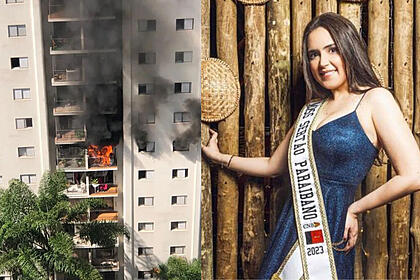 Montagem com imagens do prédio em camas e de Maya Nitão recebendo a faixa de Miss Sertão Paraibano