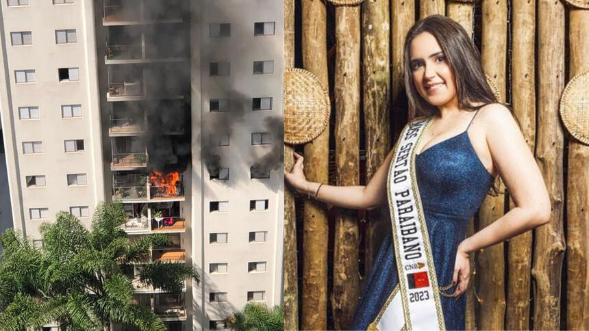 Montagem com imagens do prédio em camas e de Maya Nitão recebendo a faixa de Miss Sertão Paraibano