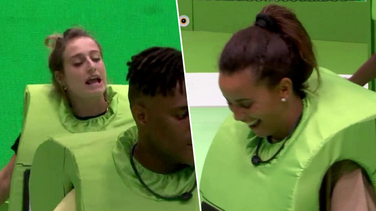 Bruna Griphao cantando alto enquanto Domitila debocha sorrindo na Prova do Líder do BBB 23