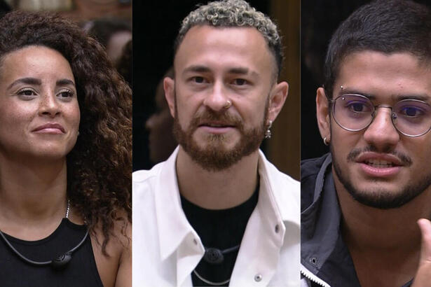 Montagem com Domitila, Fred e Gabriel Santana formam pedindo votos no 10º Paredão do BBB 23