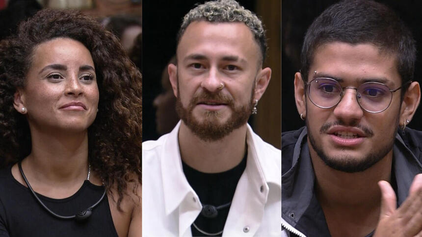 Montagem com Domitila, Fred e Gabriel Santana formam pedindo votos no 10º Paredão do BBB 23