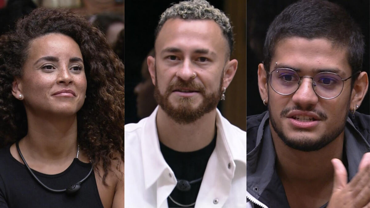 Montagem com Domitila, Fred e Gabriel Santana formam pedindo votos no 10º Paredão do BBB 23