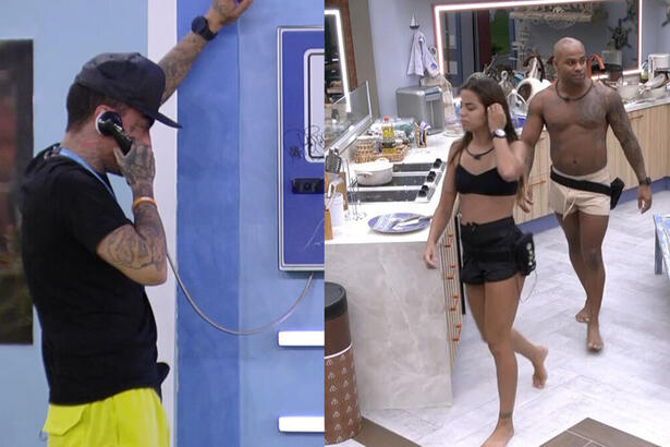 Montagem com MC Guimê atendendo o Big Fone e Key Alvez e Cezar Black na cozinha do BBB 23