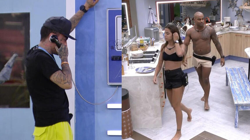 Montagem com MC Guimê atendendo o Big Fone e Key Alvez e Cezar Black na cozinha do BBB 23