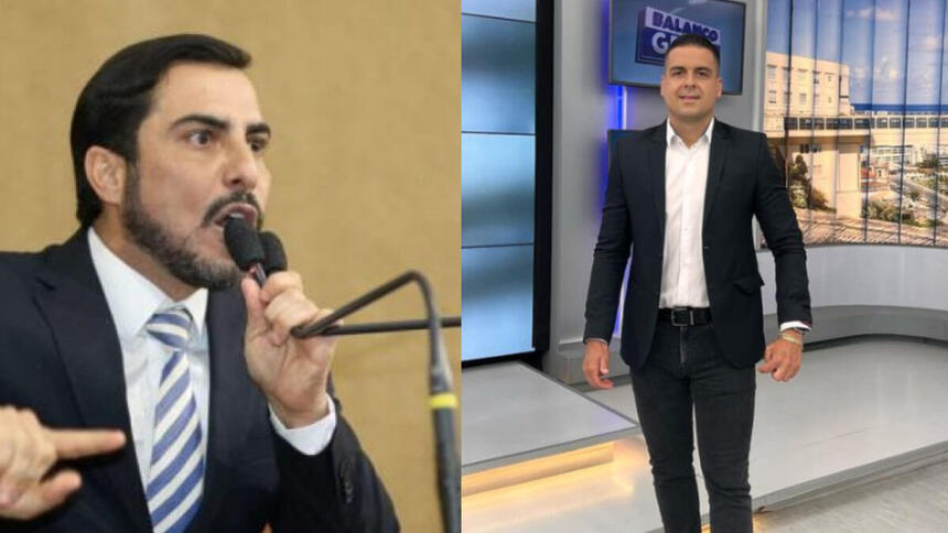 Ex-deputado Marcell Moraes na tribuna de Salvador e Marcelo Castro no centro do cenário do Balanço Geral BA, na Record TV Itapoan