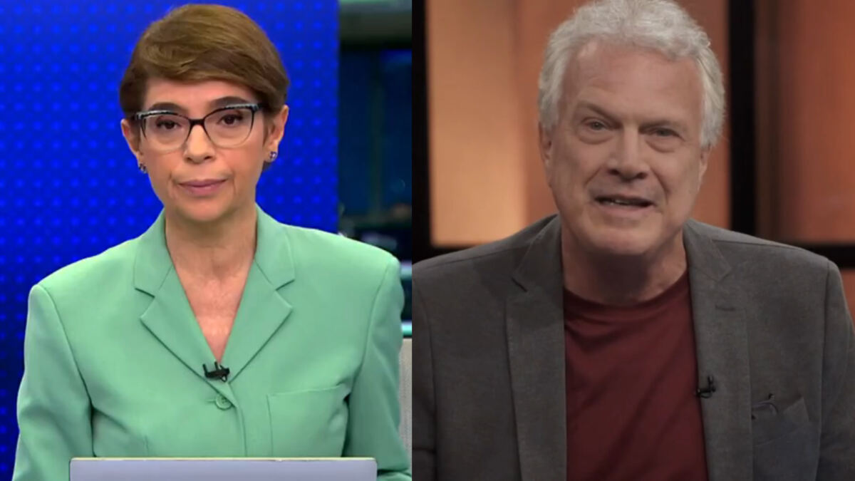 Montagem de Renata Lo Prete, na bancada do Jornal da Globo, e de Pedro Bial, no estúdio do Conversa com o Bial