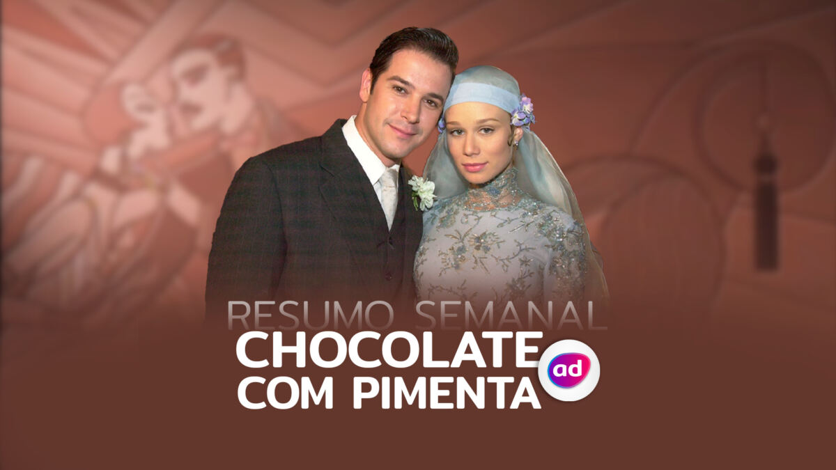 Arte do resumo semanal da novela Chocolate com Pimenta, exibida na TV Globo
