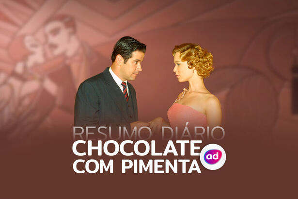 Arte do resumo diário da novela Chocolate com Pimenta, exibida na TV Globo