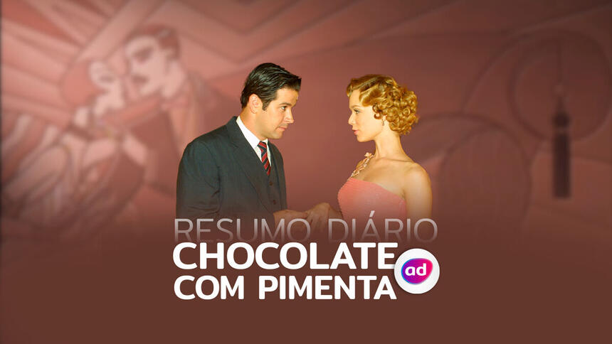 Arte do resumo diário da novela Chocolate com Pimenta, exibida na TV Globo