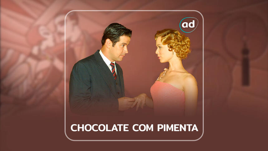 Arte de divulgação do resumo diário da novela Chocolate com Pimenta, exibida na TV Globo