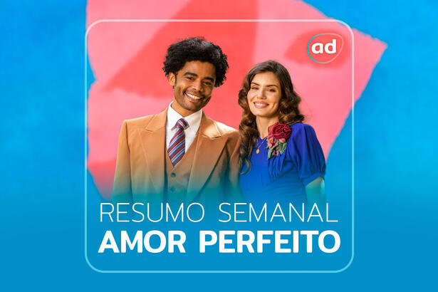 Arte gráfica do resumo semanal da novela Amor Perfeito da TV Globo