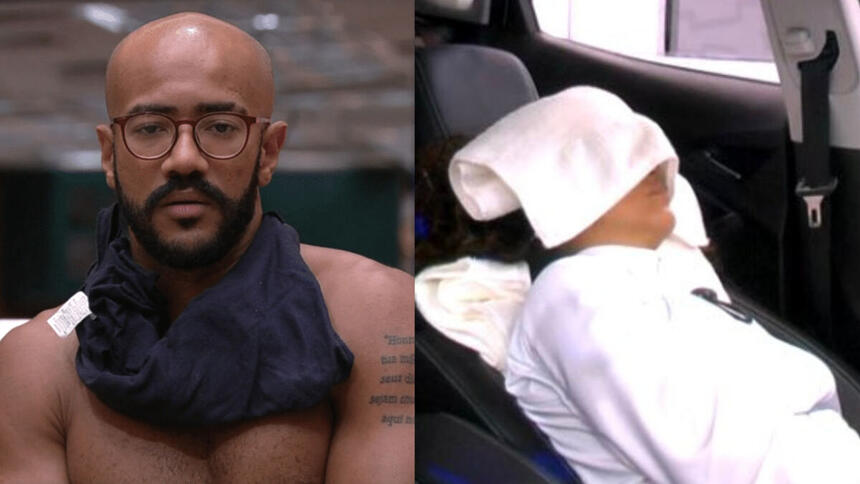 Ricardo, sem camisa, olhando para as imagens no telão, em montagem para Domitila, dormindo no carro do quarto branco, com uma toalha na cabeça