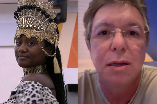 Imagem 1: Sarah caracterizada de rainha africana; Imagem 2: Boninho em vídeo