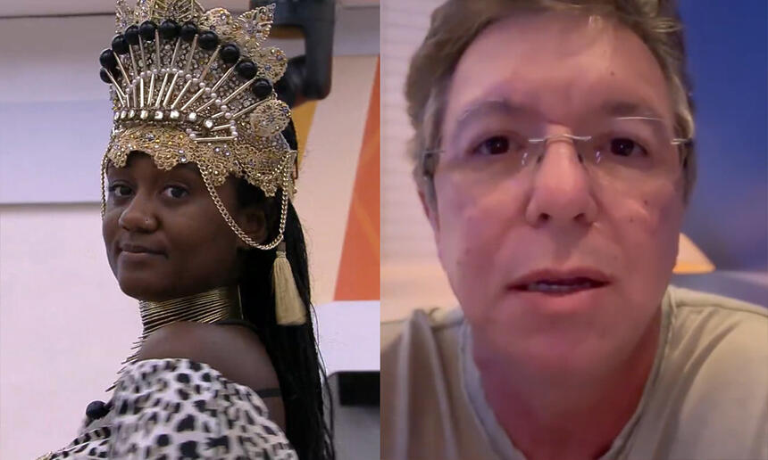 Imagem 1: Sarah caracterizada de rainha africana; Imagem 2: Boninho em vídeo