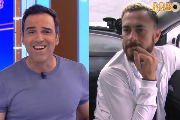 Tadeu schmidt de camisa cinza nos estudios da Globo durante apresentação do BBB 23; Fred com a vestimenta do Quarto Branco com o dedo na boca, dentro do carro, sentado