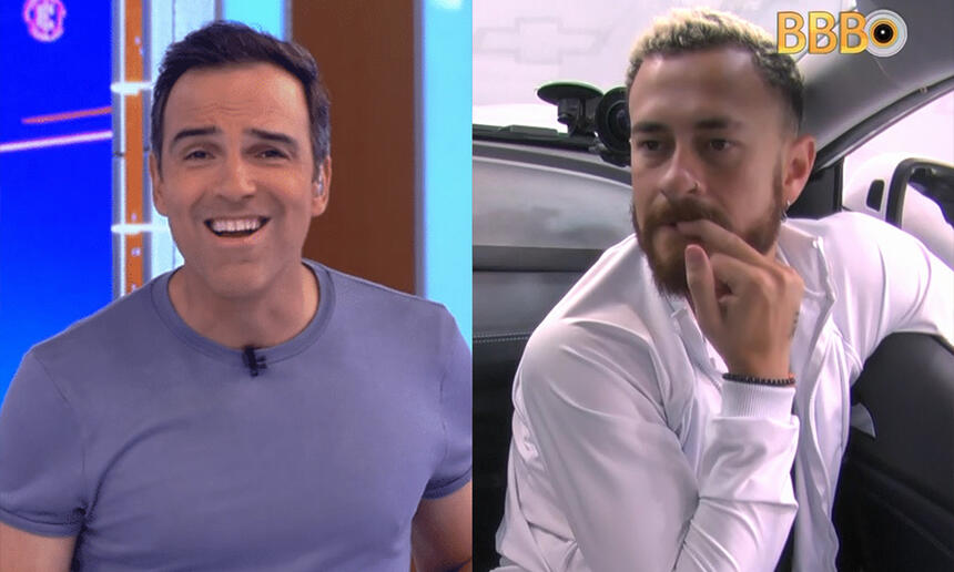 Tadeu schmidt de camisa cinza nos estudios da Globo durante apresentação do BBB 23; Fred com a vestimenta do Quarto Branco com o dedo na boca, dentro do carro, sentado