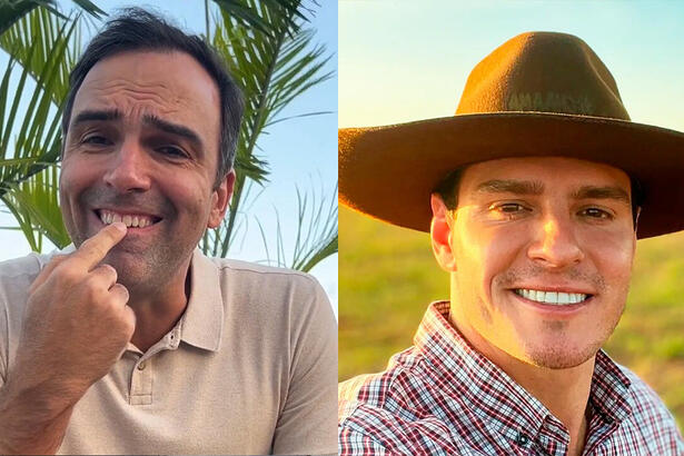 Imagem 1: Tadeu com o dedo na boca, sorrindo; Gustavo Cowboy sorrindo, de chapéu