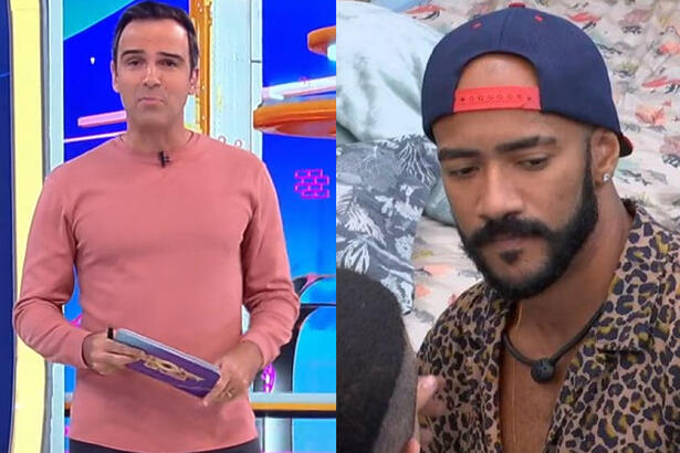 Imagem 1: Tadeu Schmidt de camisa rosa, segurando plaquinhas durante apresentação do BBB 23; Ricardo de chapéu azul e camisa animal print cabisbaixo após decisão da liderança do BBB 23
