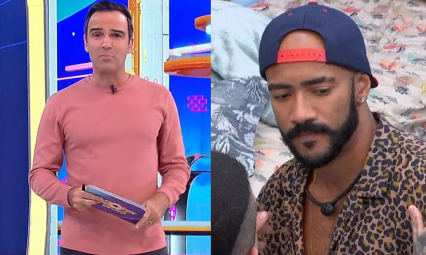 Imagem 1: Tadeu Schmidt de camisa rosa, segurando plaquinhas durante apresentação do BBB 23; Ricardo de chapéu azul e camisa animal print cabisbaixo após decisão da liderança do BBB 23