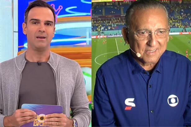 Tadeu Schmidt, no estúdio do BBB 23, em montagem com Galvão Bueno, em trecho de uma transmissão pela Globo