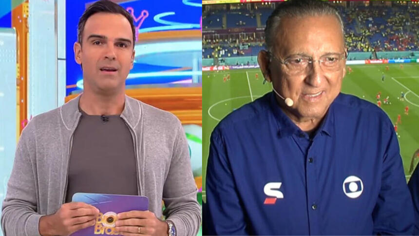Tadeu Schmidt, no estúdio do BBB 23, em montagem com Galvão Bueno, em trecho de uma transmissão pela Globo