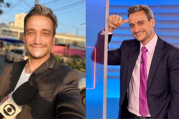 Montagem de Tiago Scheuer, nos bastidores de uma reporter, e dele no estúdio da previsão do tempo do Jornal Nacional