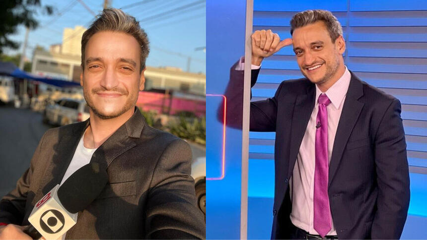 Montagem de Tiago Scheuer, nos bastidores de uma reporter, e dele no estúdio da previsão do tempo do Jornal Nacional