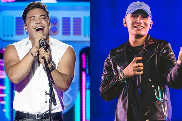 Imagem 1: Wesley Safadão de camisa branca, segurando o microfone durante show; Imagem 2: João Gomes de jaqueta de couro, chapéu azul, segurando o microfone durante show