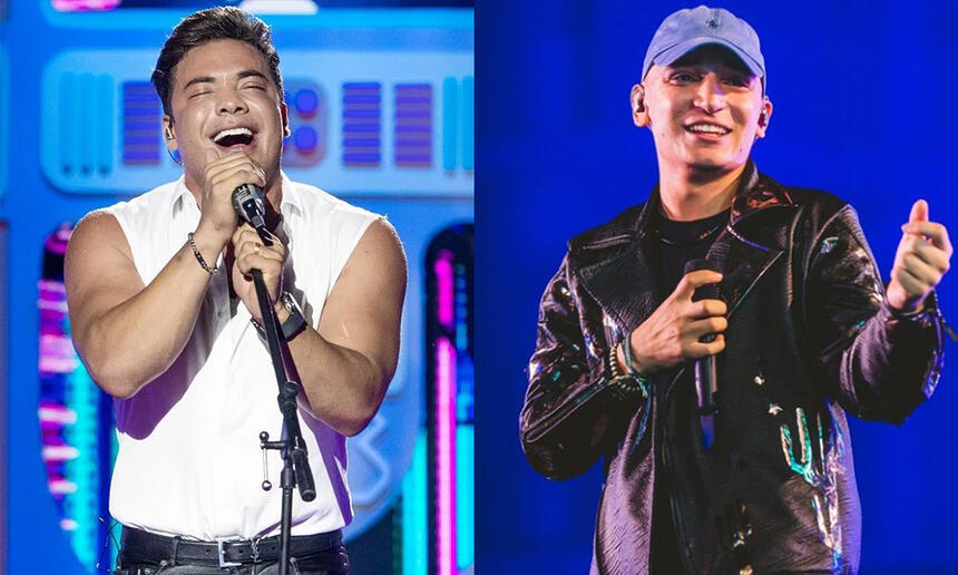 Imagem 1: Wesley Safadão de camisa branca, segurando o microfone durante show; Imagem 2: João Gomes de jaqueta de couro, chapéu azul, segurando o microfone durante show