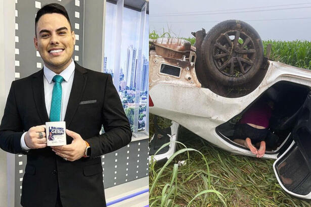 Montagem de Wésllen Tecchio, no estúdio do Balanlo Geral MT, com o carro capotado na rodovia