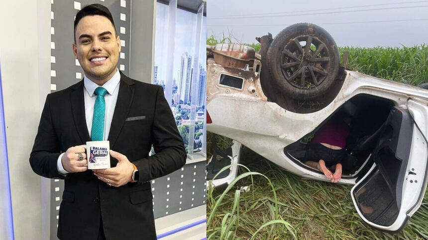 Montagem de Wésllen Tecchio, no estúdio do Balanlo Geral MT, com o carro capotado na rodovia