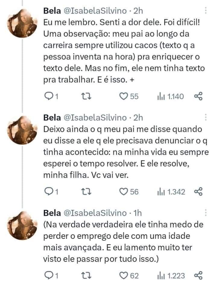 Tweets de Isabela Silvino, filha de Paulo Silvino, humorista da TV Globo