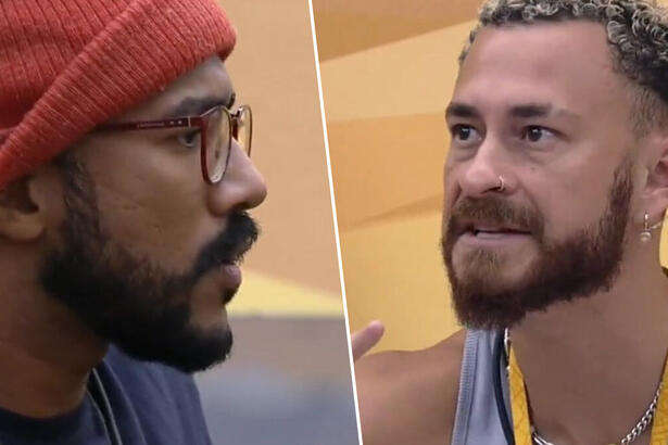 Ricardo Alface e Fred discutindo no quarto deserto após a formação do 8º Paredão no BBB 23