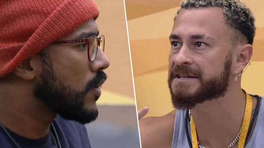 Ricardo Alface e Fred discutindo no quarto deserto após a formação do 8º Paredão no BBB 23