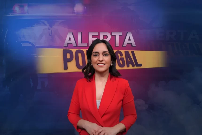 Andreia de Magalhães em frente ao logo do Alerta Portugal, versão local do Cidade Alerta