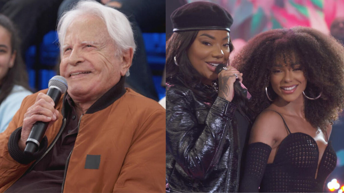 Cid Moreira, Ludmilla e Brunna Gonçalves em um montagem, com trechos de suas participações no Altas Horas