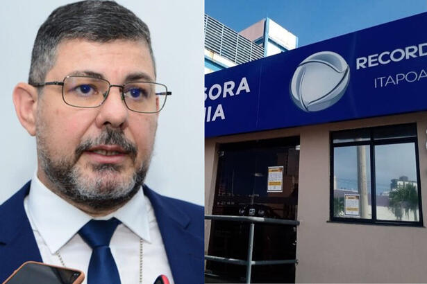 delegado Charles Leão, em montagem com Fachada de entrada da Record TV Itapoan, na Bahia