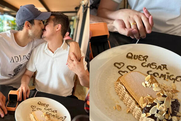 Douglas Souza beijando Gabi Campos, sentados num restaurante